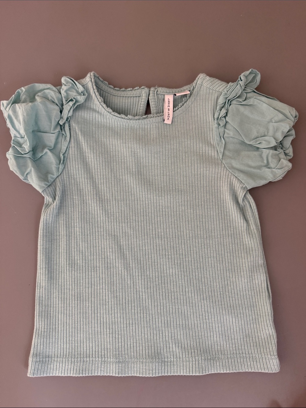 Janie and Jack Light Sage Ribbed Top with Ruffle Puff Sleeves